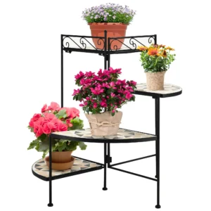 Bloemenstandaard 4 traps opvouwbare bloementrap voor tuin & balkon, metaal met keramische tegels, zwart+beige, 64x64x72cm 1
