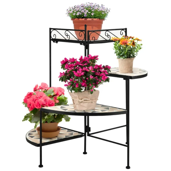 Bloemenstandaard 4 traps opvouwbare bloementrap voor tuin & balkon, metaal met keramische tegels, zwart+beige, 64x64x72cm 1