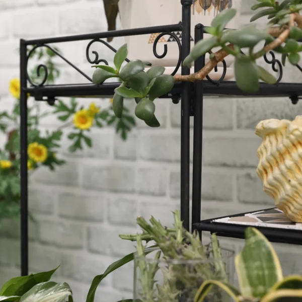Bloemenstandaard 4 traps opvouwbare bloementrap voor tuin & balkon, metaal met keramische tegels, zwart+beige, 64x64x72cm 10