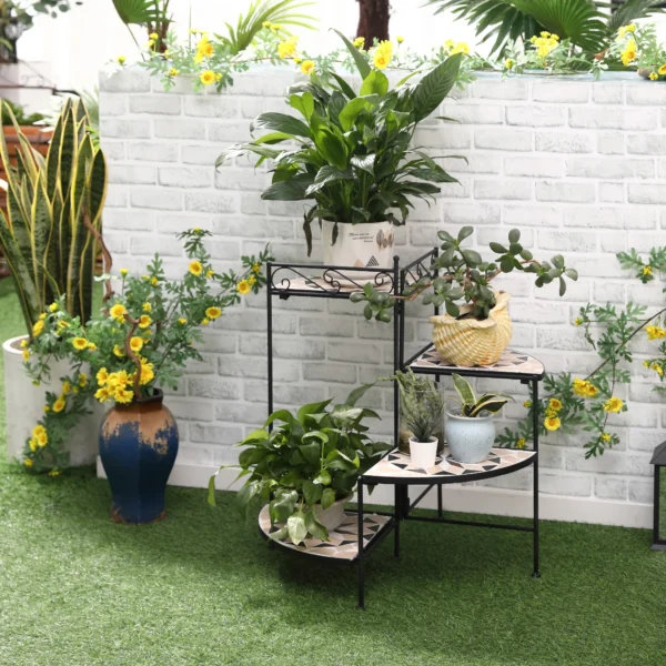 Bloemenstandaard 4 traps opvouwbare bloementrap voor tuin & balkon, metaal met keramische tegels, zwart+beige, 64x64x72cm 2