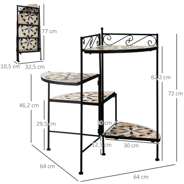 Bloemenstandaard 4 traps opvouwbare bloementrap voor tuin & balkon, metaal met keramische tegels, zwart+beige, 64x64x72cm 4