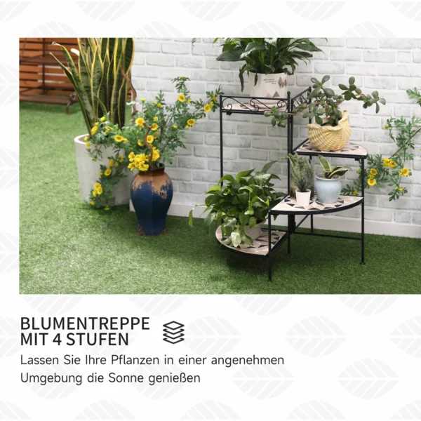 Bloemenstandaard 4 traps opvouwbare bloementrap voor tuin & balkon, metaal met keramische tegels, zwart+beige, 64x64x72cm 5