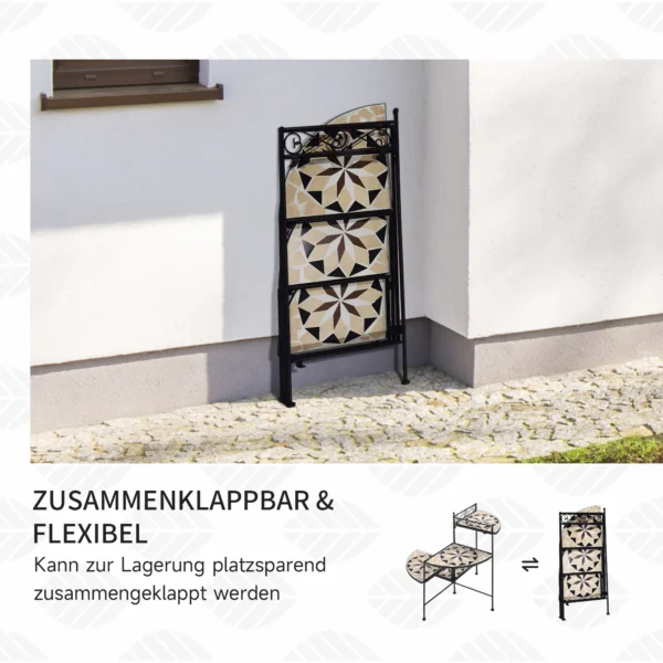 Bloemenstandaard 4 traps opvouwbare bloementrap voor tuin & balkon, metaal met keramische tegels, zwart+beige, 64x64x72cm 6