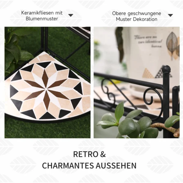 Bloemenstandaard 4 traps opvouwbare bloementrap voor tuin & balkon, metaal met keramische tegels, zwart+beige, 64x64x72cm 7