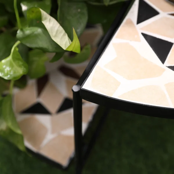 Bloemenstandaard 4 traps opvouwbare bloementrap voor tuin & balkon, metaal met keramische tegels, zwart+beige, 64x64x72cm 8