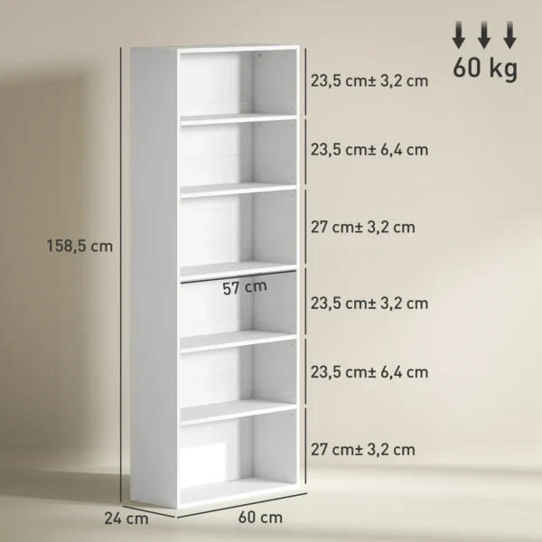 Boekenkast, staand rek met 5 niveaus, opbergrek met verstelbare plank voor woonkamer, slaapkamer, wit 4