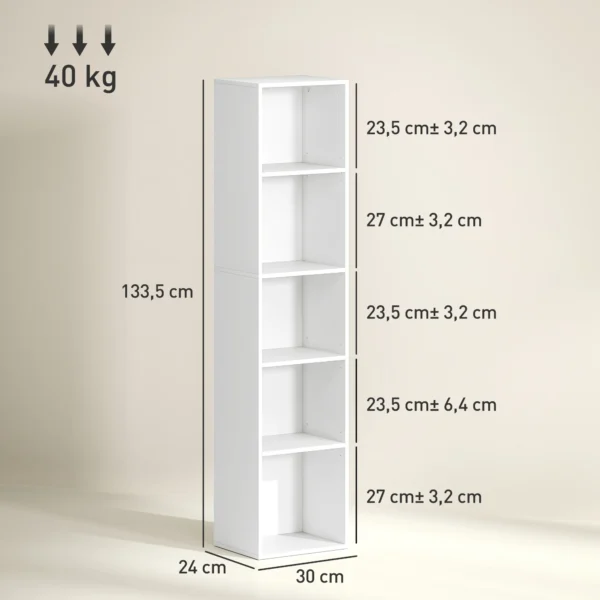 Boekenkast, staand rek met 5 niveaus, opbergrek met verstelbare plank voor woonkamer, slaapkamer, wit 4