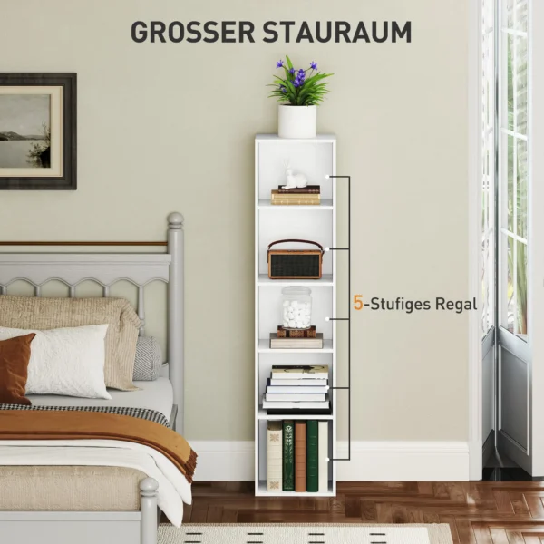 Boekenkast, staand rek met 5 niveaus, opbergrek met verstelbare plank voor woonkamer, slaapkamer, wit 5