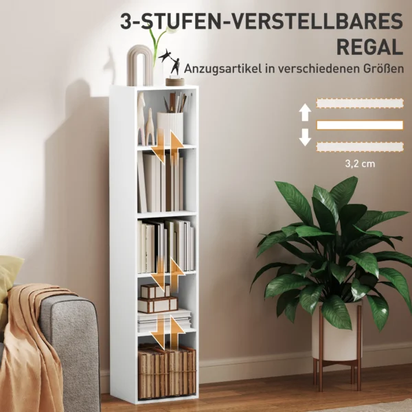 Boekenkast, staand rek met 5 niveaus, opbergrek met verstelbare plank voor woonkamer, slaapkamer, wit 6