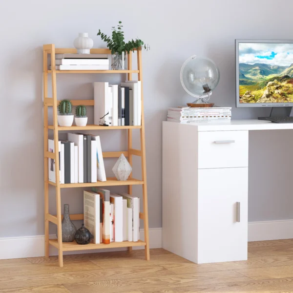 Boekenkast staande plank met 4 niveaus opbergrek van bamboe kantoorrek voor woonkamer, slaapkamer, kantoor, natuur 2