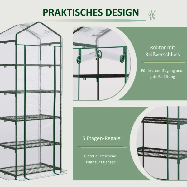 Broeikas met 5 planken, mini broeikas voor bloemen & groenten, transparant groen kas 69x49x193cm 6