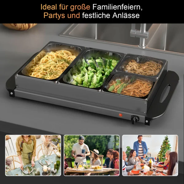 Buffetwarmer 6,8l warmhoudplaat 300 watt roestvrij staal voedselwarmer met verstelbare thermostaat chafing dish voor feesten buffetten familiediners 5