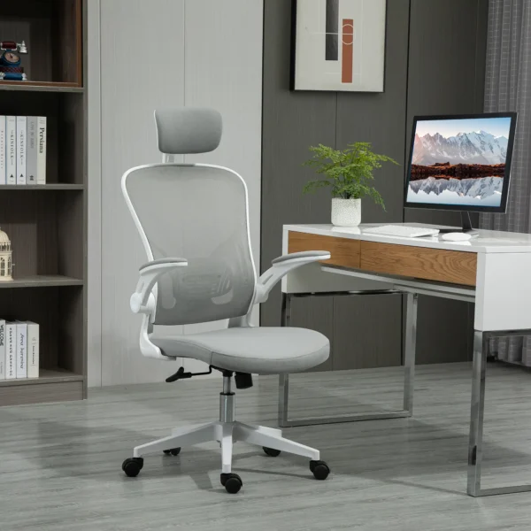 Bureaustoel ergonomische bureaustoel met hoofdsteun en kantelfunctie, in hoogte verstelbaar in grijs, 65 x 64 x 114 122 cm 2