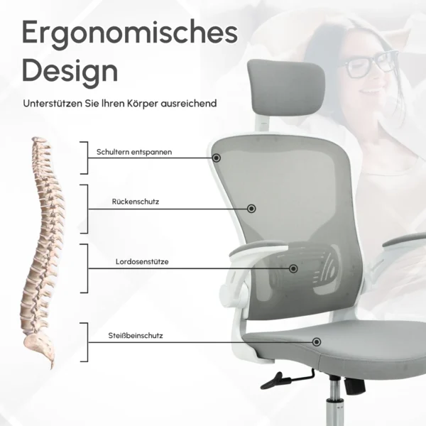 Bureaustoel ergonomische bureaustoel met hoofdsteun en kantelfunctie, in hoogte verstelbaar in grijs, 65 x 64 x 114 122 cm 5