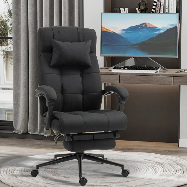 Bureaustoel ergonomische bureaustoel met ligfunctie, hoofdkussen, armleuning, in hoogte verstelbare draaistoel met voetensteun linnenlook zwart 2