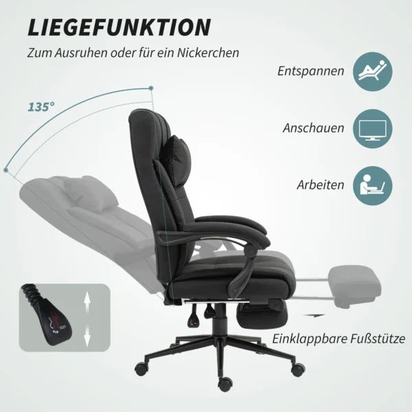Bureaustoel ergonomische bureaustoel met ligfunctie, hoofdkussen, armleuning, in hoogte verstelbare draaistoel met voetensteun linnenlook zwart 6