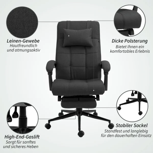 Bureaustoel ergonomische bureaustoel met ligfunctie, hoofdkussen, armleuning, in hoogte verstelbare draaistoel met voetensteun linnenlook zwart 8