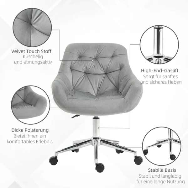 Bureaustoel klein, in hoogte verstelbare bureaustoel, fluweelachtige uitstraling, ergonomische gestoffeerde stoel, tot 120 kg, grijs 7