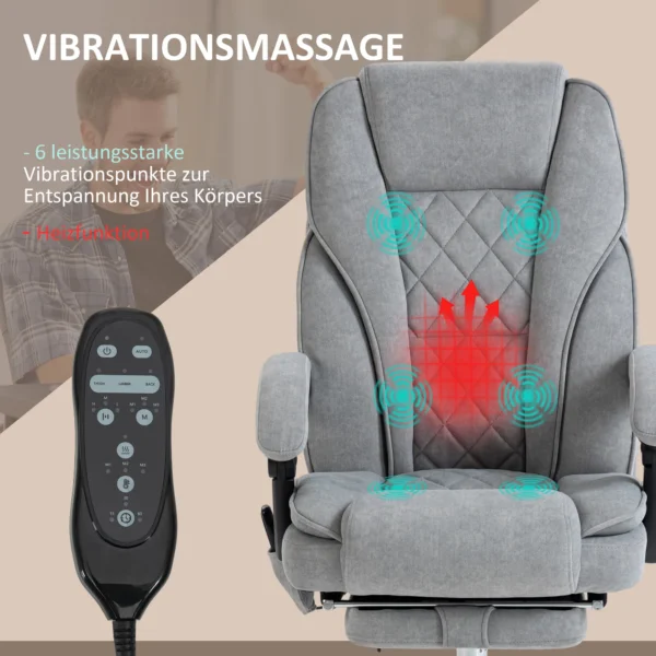 Bureaustoel met vibratiemassage, ergonomische bureaustoel met ligfunctie, verwarming, in hoogte verstelbare draaistoel met voetensteun, afstandsbediening, zijtas, grijs 5