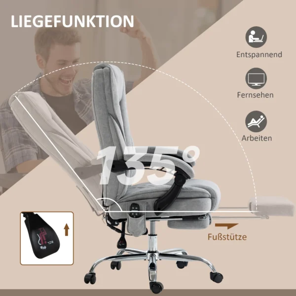 Bureaustoel met vibratiemassage, ergonomische bureaustoel met ligfunctie, verwarming, in hoogte verstelbare draaistoel met voetensteun, afstandsbediening, zijtas, grijs 7