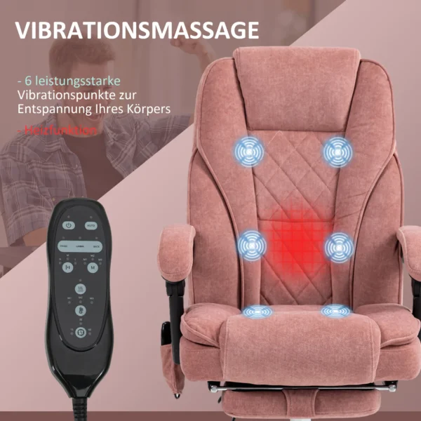 Bureaustoel met vibratiemassage, ergonomische bureaustoel met ligfunctie, verwarming, in hoogte verstelbare draaistoel met voetensteun, afstandsbediening, zijvak, roze 5
