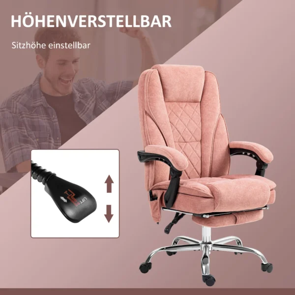 Bureaustoel met vibratiemassage, ergonomische bureaustoel met ligfunctie, verwarming, in hoogte verstelbare draaistoel met voetensteun, afstandsbediening, zijvak, roze 6