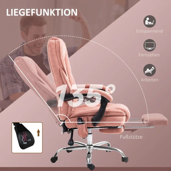 Bureaustoel met vibratiemassage, ergonomische bureaustoel met ligfunctie, verwarming, in hoogte verstelbare draaistoel met voetensteun, afstandsbediening, zijvak, roze 7