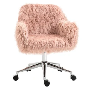 Bureaustoel voor vrouwen, in hoogte verstelbare bureaustoel, ergonomisch, kunstbont, roze+zilver 1
