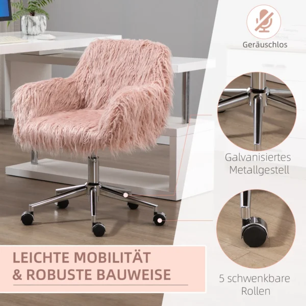 Bureaustoel voor vrouwen, in hoogte verstelbare bureaustoel, ergonomisch, kunstbont, roze+zilver 6