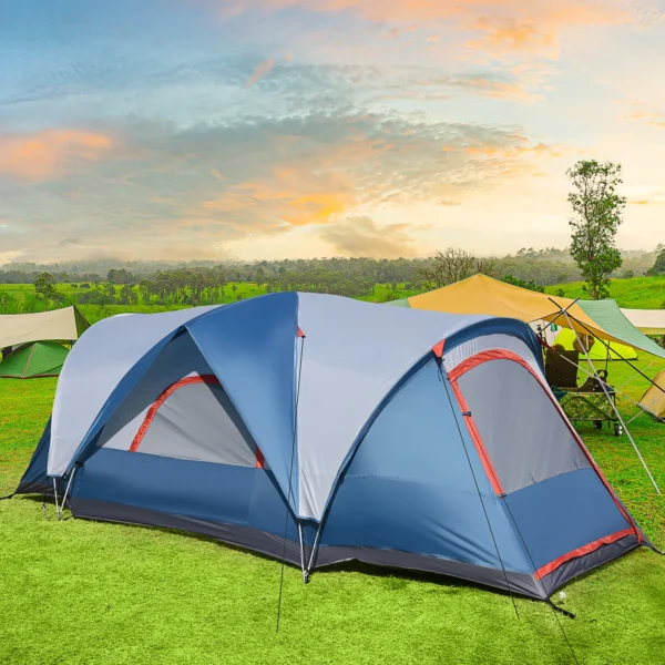 Campingtent 4 personen tunnel tent met uv bescherming en draagtas, 2000mm waterkolom, 2 kamers in blauw en wit 2