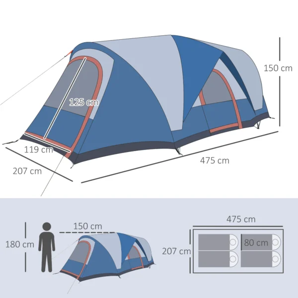 Campingtent 4 personen tunnel tent met uv bescherming en draagtas, 2000mm waterkolom, 2 kamers in blauw en wit 4