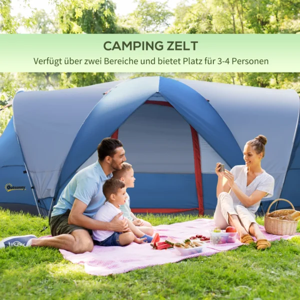 Campingtent 4 personen tunnel tent met uv bescherming en draagtas, 2000mm waterkolom, 2 kamers in blauw en wit 5