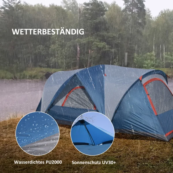 Campingtent 4 personen tunnel tent met uv bescherming en draagtas, 2000mm waterkolom, 2 kamers in blauw en wit 6