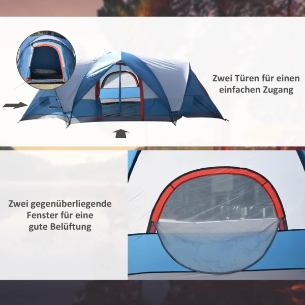 Campingtent 4 personen tunnel tent met uv bescherming en draagtas, 2000mm waterkolom, 2 kamers in blauw en wit 7