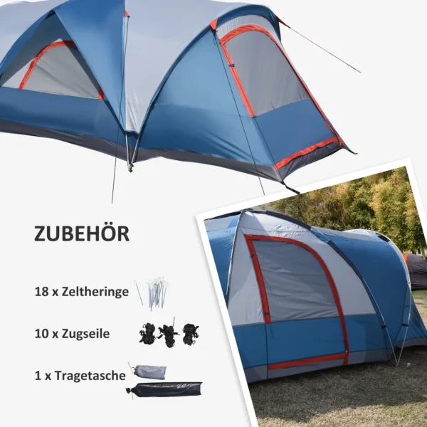 Campingtent 4 personen tunnel tent met uv bescherming en draagtas, 2000mm waterkolom, 2 kamers in blauw en wit 8