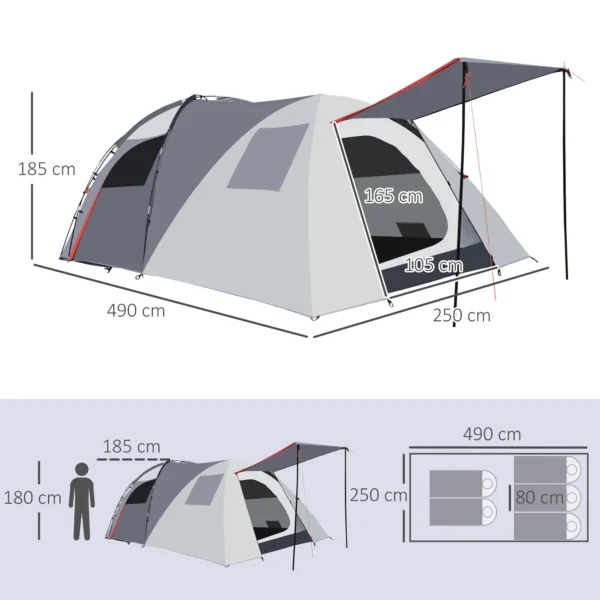 Campingtent 5 personen tunnel tent met slaapkamer, draagtas, 2000mm waterkolom, meshraam, grijs 4