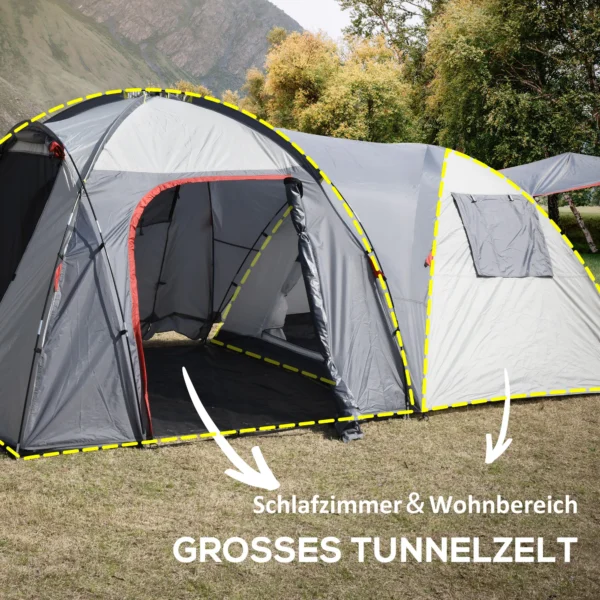Campingtent 5 personen tunnel tent met slaapkamer, draagtas, 2000mm waterkolom, meshraam, grijs 5