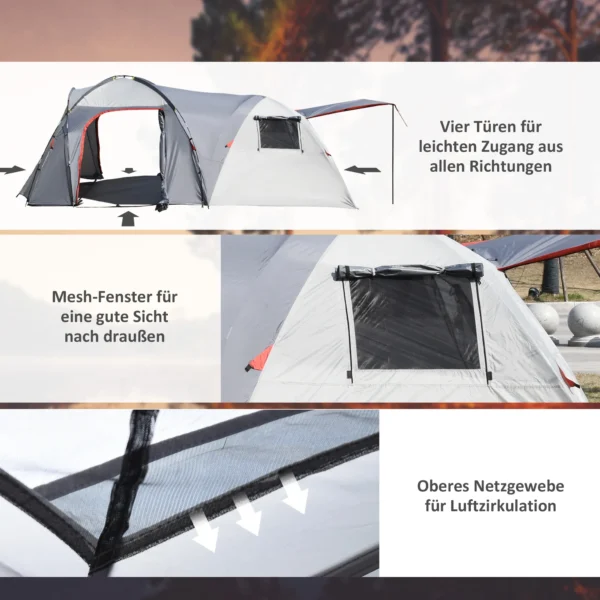 Campingtent 5 personen tunnel tent met slaapkamer, draagtas, 2000mm waterkolom, meshraam, grijs 7