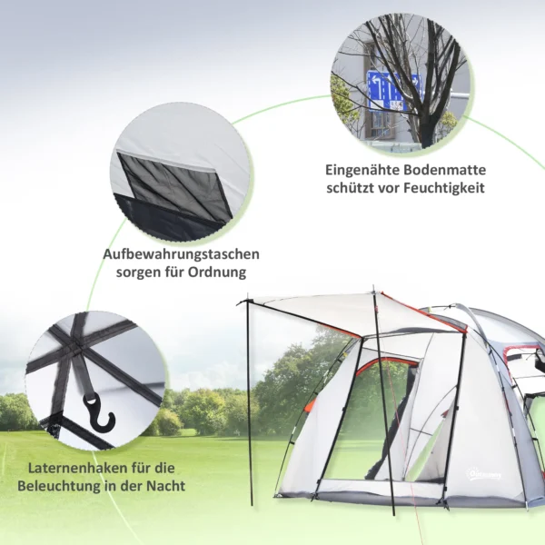 Campingtent 5 personen tunnel tent met slaapkamer, draagtas, 2000mm waterkolom, meshraam, grijs 8