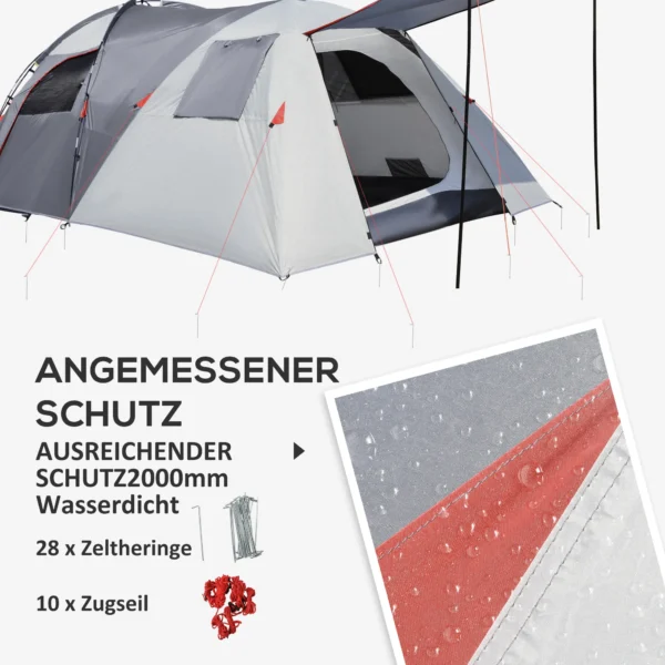 Campingtent 5 personen tunnel tent met slaapkamer, draagtas, 2000mm waterkolom, meshraam, grijs 9