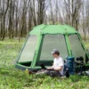Campingtent 6 personen familiedome tent pu2000mm waterdicht, eenvoudige opbouw, staal & glasvezel, groen, 320x320x180cm 2