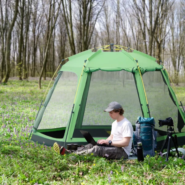 Campingtent 6 personen familiedome tent pu2000mm waterdicht, eenvoudige opbouw, staal & glasvezel, groen, 320x320x180cm 2