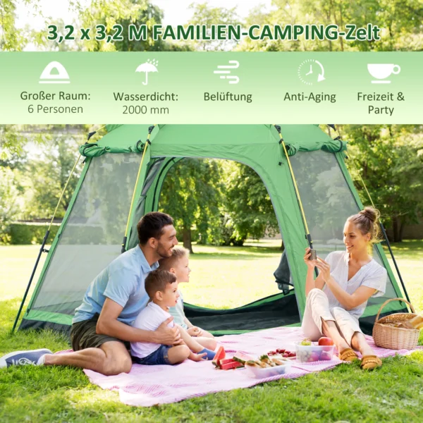 Campingtent 6 personen familiedome tent pu2000mm waterdicht, eenvoudige opbouw, staal & glasvezel, groen, 320x320x180cm 5