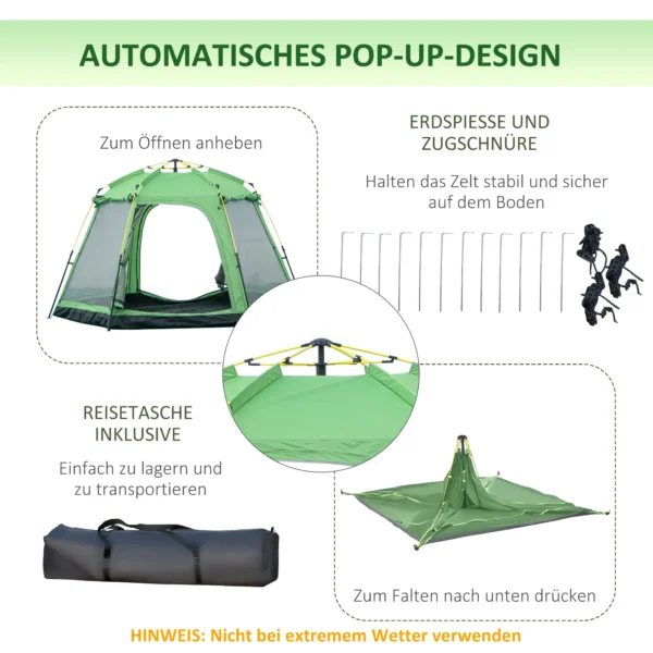 Campingtent 6 personen familiedome tent pu2000mm waterdicht, eenvoudige opbouw, staal & glasvezel, groen, 320x320x180cm 6