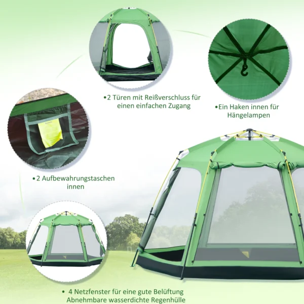 Campingtent 6 personen familiedome tent pu2000mm waterdicht, eenvoudige opbouw, staal & glasvezel, groen, 320x320x180cm 7