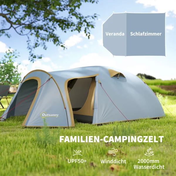 Campingtent voor 4 personen, waterdicht tunnel tent met 2 deuren haken grondzeil draagtas, familietent met 2000mm waterkolom tent voor camping reis trekking tuin 5