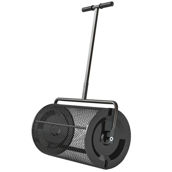 Compoststrooier 300l 61x40cm meststrooier gazon tuin tuinstrooier met t handvat gaasmand metaal zaadstrooier veenmosstrooier grasstrooier grasverzorging voor compost, mest meststof zaad zwart 1