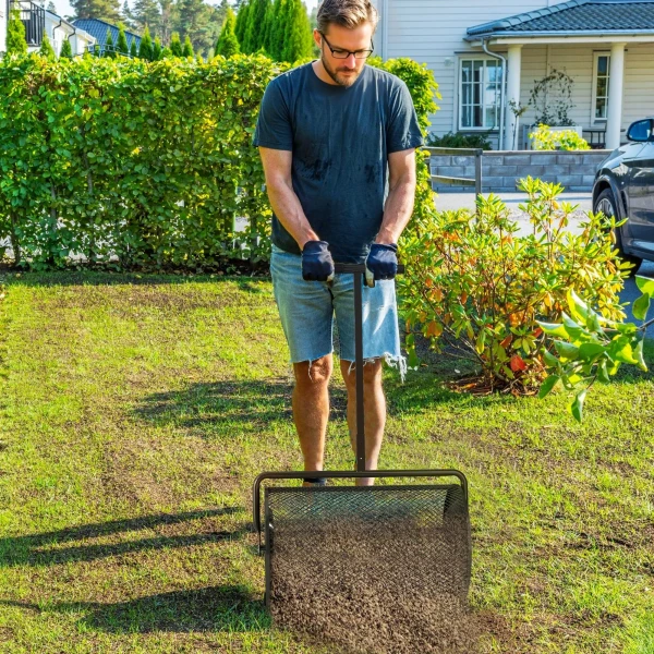 Compoststrooier 300l 61x40cm meststrooier gazon tuin tuinstrooier met t handvat gaasmand metaal zaadstrooier veenmosstrooier grasstrooier grasverzorging voor compost, mest meststof zaad zwart 2