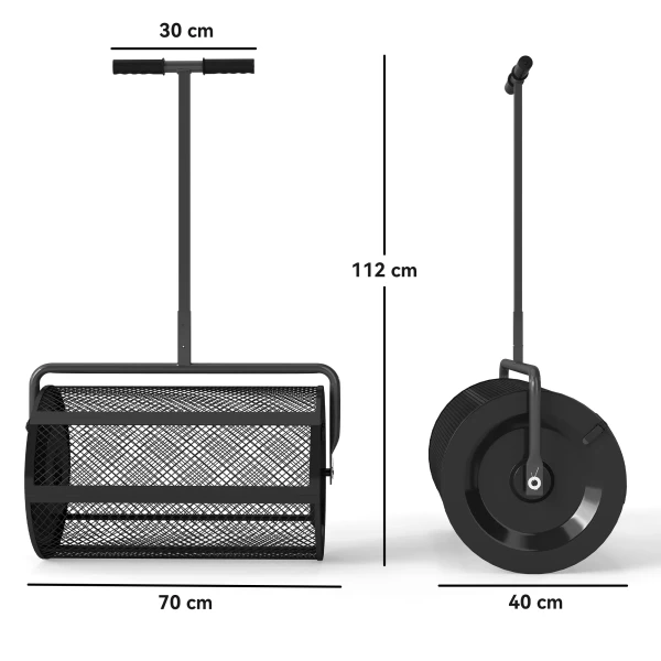 Compoststrooier 300l 61x40cm meststrooier gazon tuin tuinstrooier met t handvat gaasmand metaal zaadstrooier veenmosstrooier grasstrooier grasverzorging voor compost, mest meststof zaad zwart 4