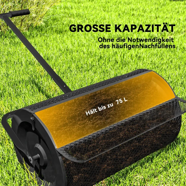 Compoststrooier 300l 61x40cm meststrooier gazon tuin tuinstrooier met t handvat gaasmand metaal zaadstrooier veenmosstrooier grasstrooier grasverzorging voor compost, mest meststof zaad zwart 5
